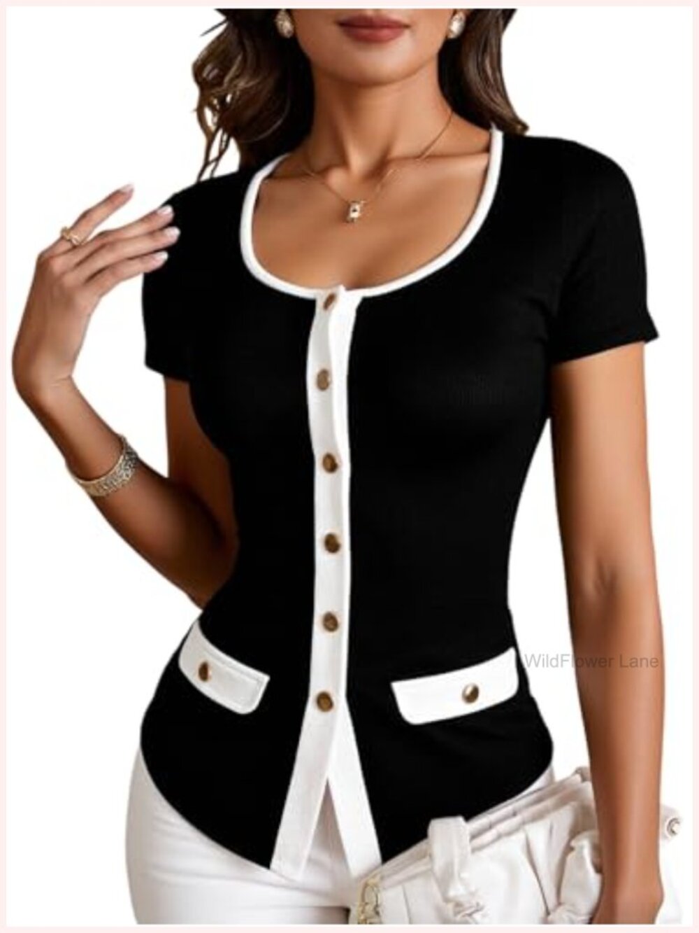 Ribbed Knit Button Down Scoop Neck Short Sleeve Top Slim Fit